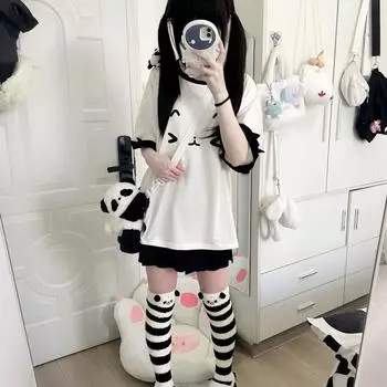 Kawaii милые лоскутные футболки женские японские модные Y2k Harajuku свободные футболки с милым котом и мультяшным принтом топы мягкие для девочек S белый