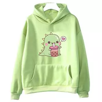 Kawaii/милый Boba Tea Dinosaur Hoodies Unisex Casual Толстовка Winter Fleece Clothing Long Sleeve Korean Esthetic Pullover L