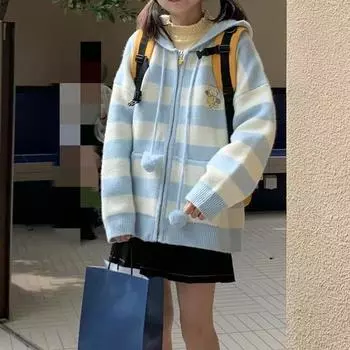 Kawaii мультфильм вышивка вязаный кардиган женский милый топ универсальный полосатый свитер куртки пальто с капюшоном M синий