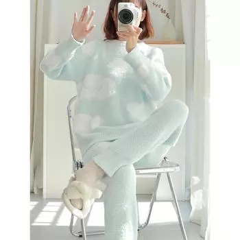 Kawaii мультяшная женская пижама на осень и зиму с милым бантом и круглым вырезом, коралловая плюшевая утолщенная плюшевая домашняя одежда для девочек One Size