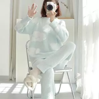 Kawaii мультяшная женская пижама на осень и зиму с милым бантом и круглым вырезом, коралловая плюшевая утолщенная плюшевая домашняя одежда для девочек L