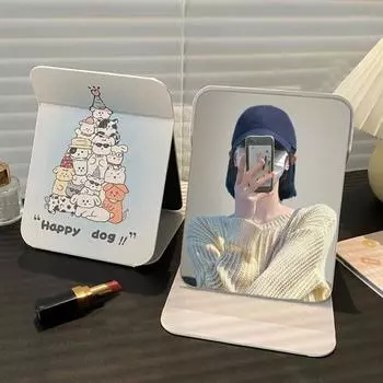 Kawaii настольное зеркало для макияжа из искусственной кожи, тонкое складное зеркало с рисунком для спальни Happy Dog