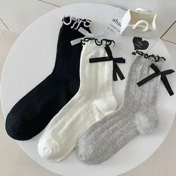 Kawaii носки, милые носки в стиле Лолиты с бантом для девочек, милые женские носки с рюшами JK, однотонные черные, белые, серые длинные носки в японском стиле