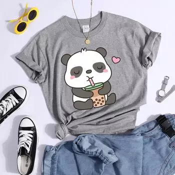 Kawaii Panda и его любимый Bubble Tea Женская футболка Уличный индивидуальный укороченный топ Летние повседневные футболки Рубашки Крутые спортивные футболки S чёрный