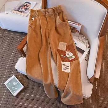 Kawaii Повседневные вельветовые брюки Лолита Японские женские милые мультяшные вышитые широкие брюки с вышивкой в виде медведя Harajuku для девочек Y2k Свободные брюки M коричневый