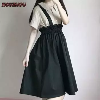 Kawaii Простота Юбка на бретельках Повседневная милая юбка-трапеция Однотонная юбка в японском стиле Юбка-миди с высокой талией Однотонная эластичная юбка на талии L чёрный