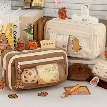 Kawaii прозрачный пенал большой емкости, водонепроницаемая коробка для ручек для девочек, косметичка, канцелярские принадлежности, офисные школьные принадлежности коричневый