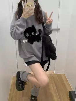 Kawaii Серые женские свитера Японский стиль Preppy Вязаные пуловеры Милые свободные джемперы Милая Harajuku Soft Girl S серый