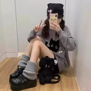Kawaii Серые женские свитера Японский стиль Preppy Вязаные пуловеры Милые свободные джемперы Милая Harajuku Soft Girl S серый