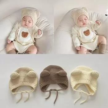 Kawaii шапка с медвежьими ушками, милые шапочки для новорожденных, вязаный крючком чепчик для маленьких мальчиков и девочек, осенне-зимняя теплая шапка, реквизит для фотосъемки, аксессуары кофейный