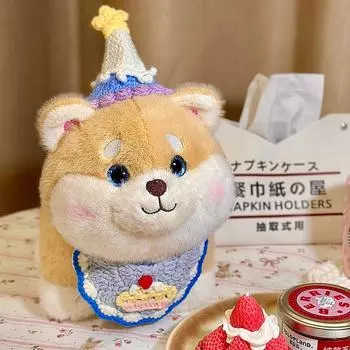 Kawaii Shiba Inu Plush Toy Cute Dressed Dog Stuffed Animal with Party Hat Bib Soft Fluffy Puppy Doll 26cm