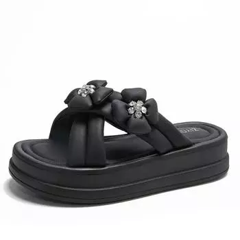 Kawaii Slippers Women Summer Ladies Beach Chunky Leather Shoes Wedges Heels Outside Sandals Woman High Platform Slippers 5.5CM 35 бежевый