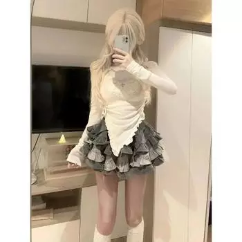 Kawaii Sweet Harajuku футболки Топ Женская японская мода Y2k нерегулярные оборки милый принт Rabblit тонкие футболки мягкие гриль S бежевый