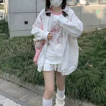 Kawaii Sweet Harajuku Толстовка Женская Японская Мода Кружева Лоскутная Цветочный Принт Кошка Вышивка Толстовка На Молнии С Капюшоном S белый