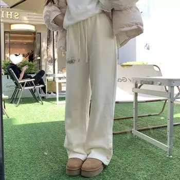 Kawaii Sweet Harajuku Высокая талия Широкие брюки Женские японские модные вышитые медведи Свободные брюки Мягкие Gril S бежевый