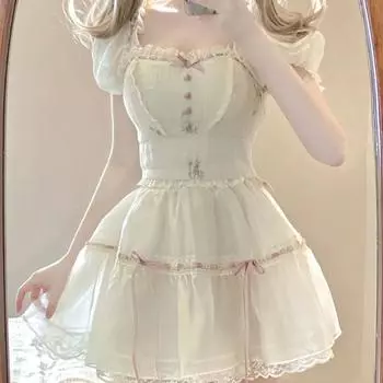 Kawaii Sweet, комплект из 2 предметов, женский комплект лета 2023, летние укороченные топы с короткими рукавами Y2k + мини-юбка, женская одежда, шикарный корейский модный костюм L бежевый