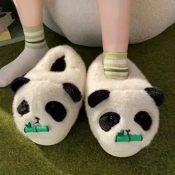 Kawaii тапочки с изображением гигантской панды женские зимние теплые меховые мокасины женские пушистые тапочки с изображением животных женские домашние тапочки меховые мюли 36-37