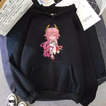 Kawaii Толстовка Эстетическая Свободная Одежда Yae Miko Pocket Genshin Impact с принтом Одежда в стиле Харадзюку Повседневная уличная одежда Мужская/Женская толстовка S хаки