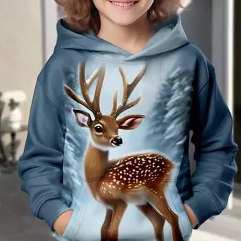 Kawaii Толстовка с 3D принтом животного и оленя, уличная одежда, свитшот для мальчиков и девочек, большие толстовки унисекс, детские пуловеры с капюшоном, топы, одежда 100