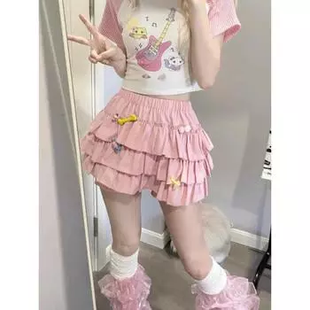 Kawaii юбка в стиле Лолиты, женская многослойная юбка с рюшами и высокой талией, милая мини-юбка, шорты, Harajuku, мягкая мягкая девушка в японском стиле S синий