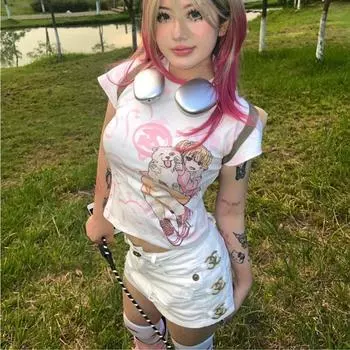 Kawaii Y2k Футболка Harajuku в японском стиле, сексуальные розовые укороченные топы, облегающие кокетливые уличные повседневные милые летние футболки S белый/розовый