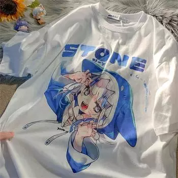 Kawaii Y2K милая футболка с аниме, свободная футболка с модным принтом для девочек, круглым вырезом и короткими рукавами, футболка большого размера, пуловер M белый