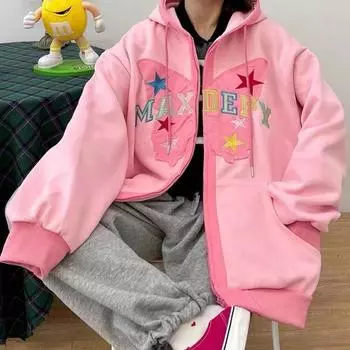 Kawaii Y2k толстовка на молнии, винтажные толстовки большого размера, женская уличная одежда в стиле хиппи, с капюшоном в виде бабочки, Cutecore, корейский Harajuku M розовый