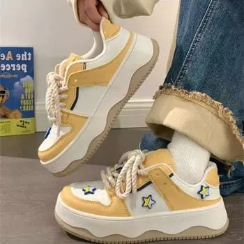 Kawaii желтые женские спортивные туфли, повседневные милые кроссовки на платформе, винтажные вулканизированные теннисные женские туфли на плоской подошве, школьные Харадзюку 35 жёлтый