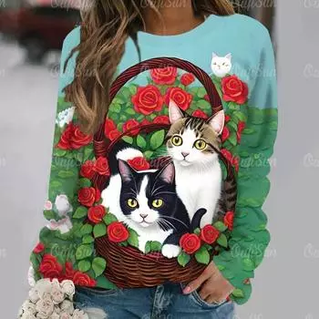 Kawaii женская футболка с забавным рисунком кота, футболка с длинными рукавами, повседневная уличная одежда, женский свитер, новый женский пуловер, одежда, топ L