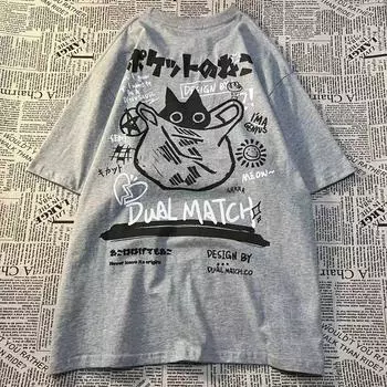 Kawaii женские футболки с героями мультфильмов, летние футболки с короткими рукавами и принтом кота в стиле Харадзюку, женская уличная одежда для пар, свободная одежда, топы Y2K S белый