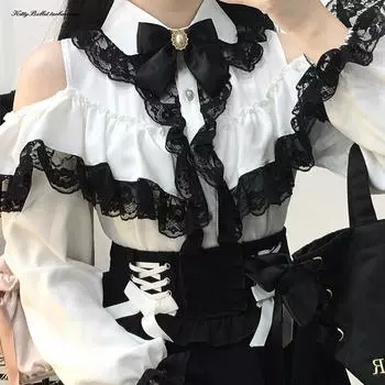Kawaii женские рубашки Jirai Kei Lolita Y2K Милая блузка в японском стиле Элегантные топы с длинным рукавом Повседневная эстетическая рубашка One size белый