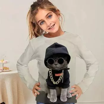 Kawail Одежда для девочек Животные Кошки 3D Принт Длинные футболки Детская летняя мода Повседневная футболка Мальчики Девочки Милые футболки с круглым вырезом Топы 170