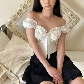 Кавайная белая блузка, женские милые укороченные топы с пышными рукавами и оборками, летние повседневные топы с короткими рукавами, уличная корейская мода S белый