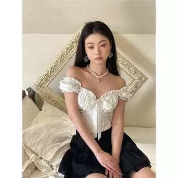 Кавайная белая блузка, женские милые укороченные топы с пышными рукавами и оборками, летние повседневные топы с короткими рукавами, уличная корейская мода S белый