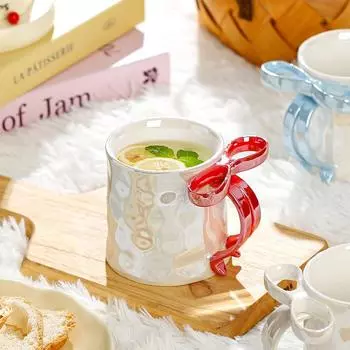 Кавайная перламутровая глазурованная кружка с бантом из кофейной чашки, керамическая кружка для молока, завтрака, сока, чая, подарочная коробка на День святого Валентина, упаковка 350ML