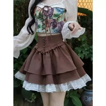 Кавайная юбка в стиле Лолиты, женская осенне-зимняя винтажная юбка трапециевидной формы с кружевом в стиле пэчворк и бантом, японская мода, коричневая мини-юбка S коричневый