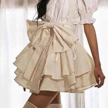 Кавайная юбка в стиле Лолиты, женская японская модная юбка трапециевидной формы с высокой талией и бантом, винтажная мини-юбка с оборками на подтяжках, летняя M абрикосовый