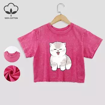 Кавайные хлопковые кроп-топы с принтом кошек, летние майки с кружевной отделкой по низу, футболки с О-образным вырезом и короткими рукавами, повседневная одежда M