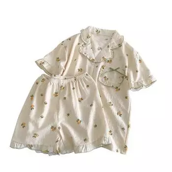 Кавайные пижамы для девочек, летние тонкие с короткими рукавами, новый милый комплект из двух предметов для общежития, летние шорты, домашняя одежда для отдыха для молодых девочек M бежевый