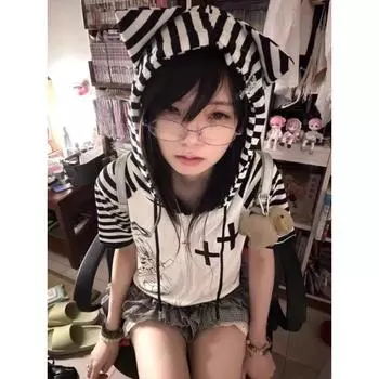 Кавайные полосатые лоскутные футболки женские японская мода Харадзюку свободные футболки с милым мультяшным принтом на молнии с капюшоном 2024 S белый