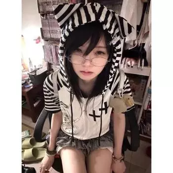 Кавайные полосатые лоскутные футболки женские японская мода Харадзюку свободные футболки с милым мультяшным принтом на молнии с капюшоном 2024 S белый