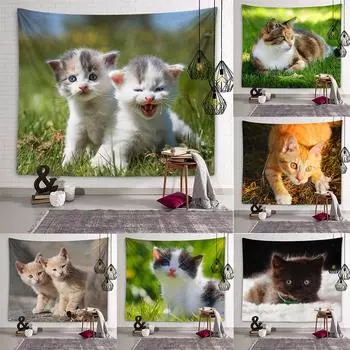 Кавайный гобелен с котом, животное, настенное художественное украшение, гобелен, милая детская комната, гостиная, спальня, общежитие, украшение дома 100X75CM