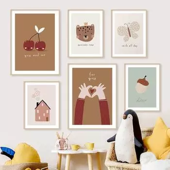 Кавайный гусь, леопардовый медведь, вишня, бабочка, настенная живопись на холсте, постеры на скандинавскую тему и принты, настенные панно, декор для детской комнаты 21x30cm No Framed