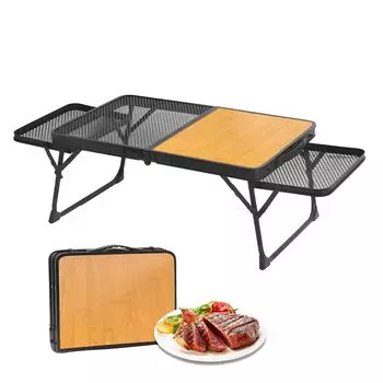 Kawlity Кемпинговый стол с сетчатым приставным столиком, складной уличный стол, сетчатый стол с подложкой из дерева, уличный мини-стол, легкий низкий столик с доской