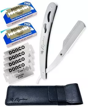 Kazakiri Бритва парикмахерская Supervision x Невероятно гладкая западная бритва с 40 сменными лезвиями и включает серебряную [Профессиональное бритье] Мужская