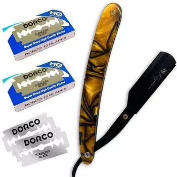 Kazakiri Premium Черепаховый узор Аутентичная бритва для близкого бритья Прямой кожаный корпус 40 запасных лезвий Западная бритва + (20 шт.) Мужской