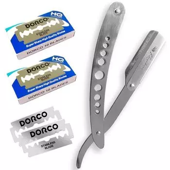 Kazakiri Premium Space Silver Authentic Бритва для близкого бритья с прямым кожаным корпусом и 40 запасными лезвиями. Бритва в западном стиле + (20 шт.) Мужской