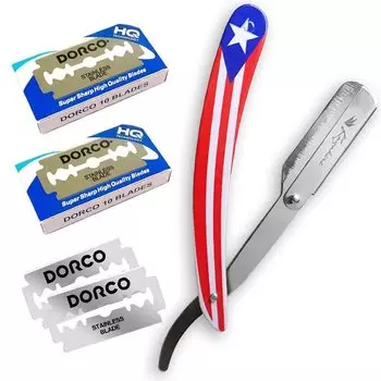 Kazakiri Premium USA Stripe Authentic Бритва для близкого бритья с прямым кожаным корпусом и 40 запасными лезвиями. Бритва в стиле вестерн + (20 шт.) Мужской