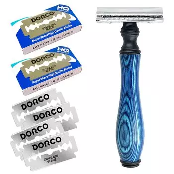 Kazakiri W Azul Wooden Handle Razor for a Deep Includes 20 Replacement Facial Blue Double-Edged Shave, Blades, Razor, Razor, Men s,