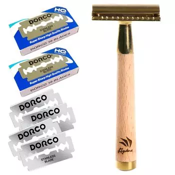Kazakiri W Ouro Wooden Authentic Close Body 20 Replacement Beard Face Gold Handle, Shave, Двусторонняя бритва, + Лезвия, Бритва, Бритва, Бритье, Мужская,